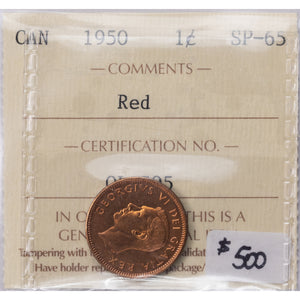 SOLD Canada 1950 1 Small Cent Coin - ICCS Specimen SP-65 Red