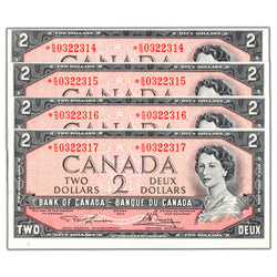 SOLD $2 1954 Bank of Canada Notes *K/G Replacement Prefix BC-38dA - 4 Consecutive AU
