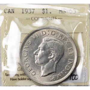 SOLD Canada 1937 $1 Silver Dollar Coin - ICCS MS-63