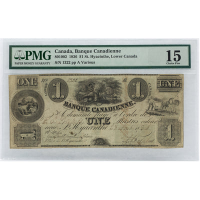 SOLD $1 1836 Banque Canadienne Canada Chartered Note #80-10-02 - PMG F-15