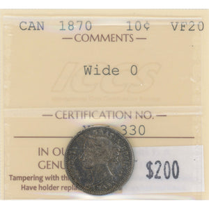 SOLD Canada 1870 Wide 0 10 Cents Dime Silver Coin - ICCS VF-20