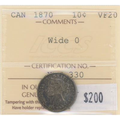 SOLD Canada 1870 Wide 0 10 Cents Dime Silver Coin - ICCS VF-20