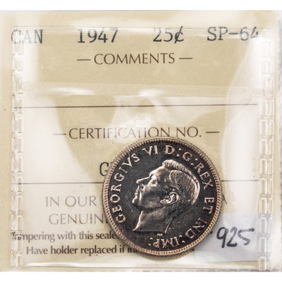 SOLD Canada 1947 25 Cents Quarter Silver Coin - ICCS Specimen SP-64