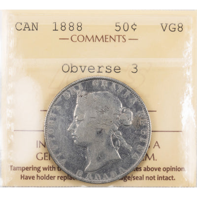 SOLD Canada 1888 Obverse 3 50 Cents Half Dollar Silver Coin - ICCS VG-8
