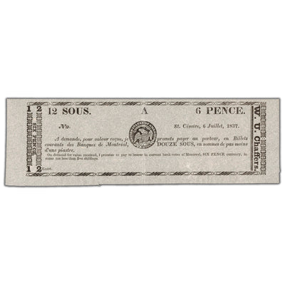 W.U. Chaffers 1837 6 Pence Scrip Note QC #75-10-02R - AU