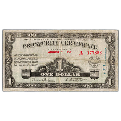 SOLD $1 1936 Alberta Prosperity Certificate Note 12 Stamps - Circulated