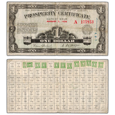 SOLD $1 1936 Alberta Prosperity Certificate Note 12 Stamps - Circulated