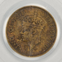 Obverse of a Jamaica 1952 1/2d Halfpenny coin, certified by PCGS as World Trade Center Ground Zero Recovery (SKU: WTC 001), featuring the crowned profile portrait of King George VI facing left, surrounded by KING GEORGE THE SIXTH.