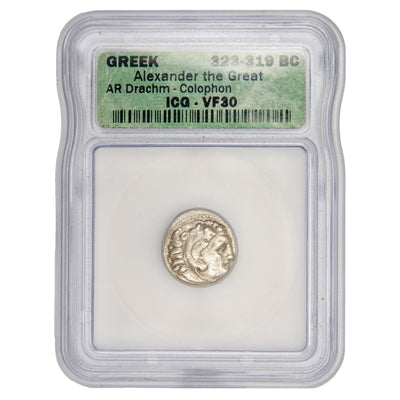 Ancient Greece 323-319 BC Alexander the Great AR Drachm silver coin graded ICG VF-30, serial number 4418250111, obverse view showing Herakles in lion skin.