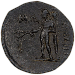 Reverse of an ancient Greek bronze AE22 coin from Kelenderis, Cilicia (SNG France 730, SKU: SP2782), depicting Apollo standing left, holding a laurel branch and leaning against a column.