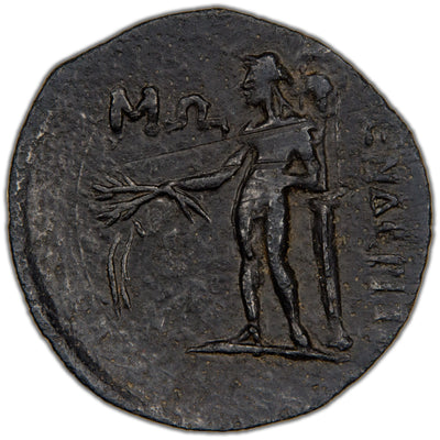 Reverse of an ancient Greek bronze AE22 coin from Kelenderis, Cilicia (SNG France 730, SKU: SP2782), depicting Apollo standing left, holding a laurel branch and leaning against a column.