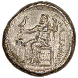 Reverse of an ancient Greek silver tetradrachm (Price 99, SKU: SP2781), depicting Zeus seated on a throne facing left, holding an eagle on his outstretched right hand and a scepter in his left.