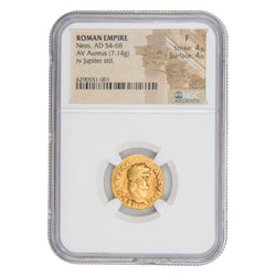 Front of NGC Ancients protective slab encapsulation holder for an Ancient Rome AD 64-65 Nero AV Aureus gold coin (RIC 52, Fine condition, SKU: 6290551-001), displaying the official NGC Ancients certification label with strike/surface ratings, serial number, and barcode above the coin.