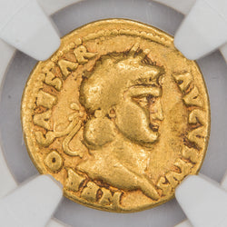 Obverse of an Ancient Rome AD 64-65 Nero AV Aureus gold coin (RIC 52, SKU: 6290551-001), featuring the laureate head profile portrait of Emperor Nero facing right, surrounded by the outer legend NERO CAESAR AUGUSTUS.