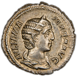 Obverse of an ancient Roman silver denarius of Julia Mamaea (c. AD 232, RIC 331, RSC 5, SKU: SP2790), featuring a diademed and draped bust of Julia Mamaea facing right.