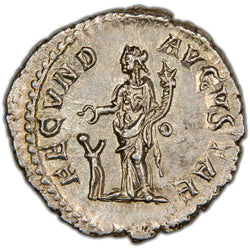 Reverse of an ancient Roman silver denarius of Julia Mamaea (RIC 331, RSC 5, SKU: SP2790), depicting Fecunditas standing left, extending her right hand to a child and holding a cornucopia in her left.