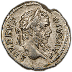 Obverse of an ancient Roman silver denarius of Emperor Septimius Severus (c. AD 197, RIC 200, SKU: SP2786), featuring a laureate head of Septimius Severus facing right.