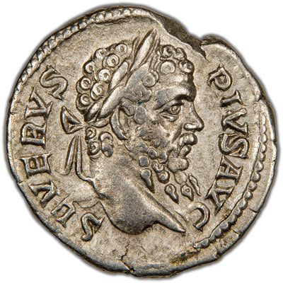 Obverse of an ancient Roman silver denarius of Emperor Septimius Severus (c. AD 197, RIC 200, SKU: SP2786), featuring a laureate head of Septimius Severus facing right.
