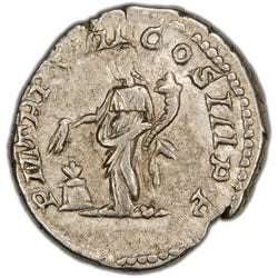 Reverse of an ancient Roman silver denarius of Emperor Septimius Severus (RIC 200, SKU: SP2786), depicting Genius standing left over an altar, sacrifice in hand, holding a patera and cornucopia.
