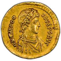 Obverse of an ancient Roman gold solidus of Emperor Theodosius I (c. AD 388–392, RIC 71b.1, SKU: SP2783), featuring a pearl-diademed, draped, and cuirassed bust facing right.