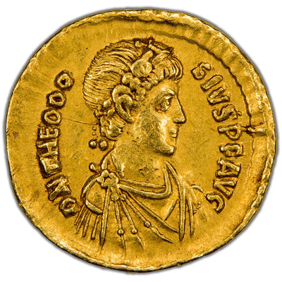 Obverse of an ancient Roman gold solidus of Emperor Theodosius I (c. AD 388–392, RIC 71b.1, SKU: SP2783), featuring a pearl-diademed, draped, and cuirassed bust facing right.
