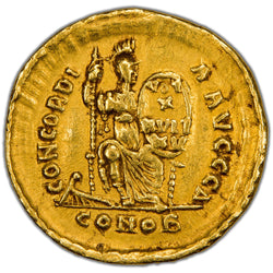 Reverse of an ancient Roman gold solidus of Emperor Theodosius I (RIC 71b.1, SKU: SP2783), depicting two emperors seated side-by-side holding a globe, with Victory flying above.