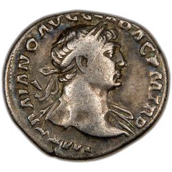 Obverse of an ancient Roman silver denarius of Emperor Trajan (c. AD 108–109, RIC 117, RSC 69, SKU: SP2789), featuring a laureate bust of Trajan facing right with drapery on the left shoulder.