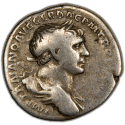 Obverse of an ancient Roman silver denarius of Emperor Trajan (c. AD 103–117, RIC 165, RSC 467, SKU: SP2784), featuring a laureate head of Trajan facing right with drapery on the left shoulder.