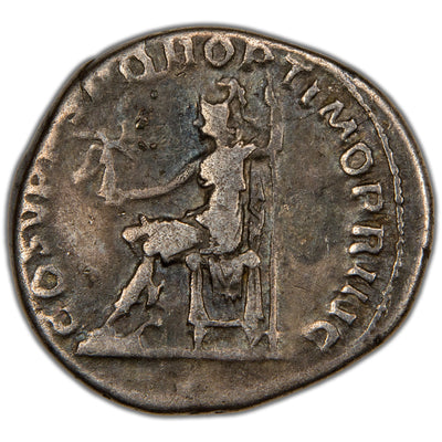Reverse of an ancient Roman silver denarius of Emperor Trajan (RIC 117, RSC 69, SKU: SP2789), depicting Aequitas standing left holding scales and a cornucopia.