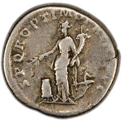 Reverse of an ancient Roman silver denarius of Emperor Trajan (RIC 165, RSC 467, SKU: SP2784), depicting Pax standing left holding an olive branch and cornucopia, with a setting fire at her feet.