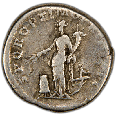 Reverse of an ancient Roman silver denarius of Emperor Trajan (RIC 165, RSC 467, SKU: SP2784), depicting Pax standing left holding an olive branch and cornucopia, with a setting fire at her feet.