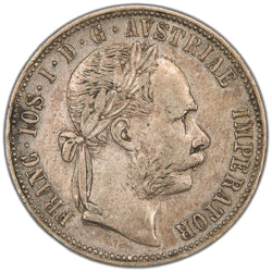 Obverse of an ungraded Austria 1883 Florin (Gulden) silver coin (Serial/SKU: SP2969), featuring the laureate head portrait of Emperor Franz Joseph I facing right, surrounded by the Latin legend "FRANC·IOS·I·D·G·AVSTRIAE IMPERATOR".