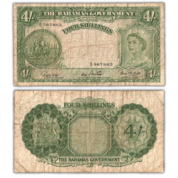 Composite view showing the front and back of an ungraded Bahamas 1936 (1953) 4 Shillings banknote (Government of the Bahama Islands, Pick #13b, Circulated condition, Serial/SKU: A/3 567863).