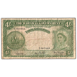 Front of an ungraded Bahamas 1936 (1953) 4 Shillings banknote (Government of the Bahama Islands, Pick #13b, Circulated condition, Serial/SKU: A/3 567863), featuring a portrait vignette of King George VI, official seal, local text, and prefix/serial number A/3 567863.