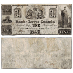 Bank of Lower Canada 1840 one dollar note remainder, catalog 410-10-04R, inventory blc01, stacked view showing both front and back sides, remaining in pinholes condition.