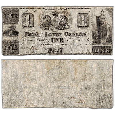 Bank of Lower Canada 1840 one dollar note remainder, catalog 410-10-04R, inventory blc01, stacked view showing both front and back sides, remaining in pinholes condition.
