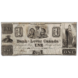 Front view of Bank of Lower Canada 1840 one dollar banknote remainder, issue number 410-10-04R, inventory blc01, showing minor pinholes.