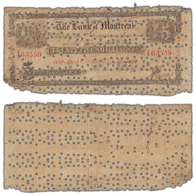 Bank of Montreal 1852 five dollar note, Brantford branch issue, catalog 505-26-08-08C, serial number 63559, contemporary counterfeit, stacked view showing both front and back sides