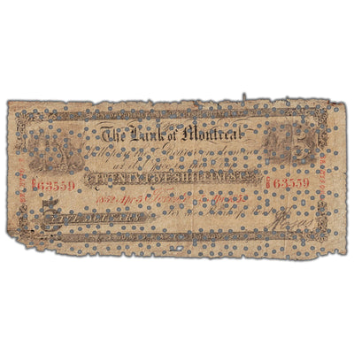 Front view of Bank of Montreal 1852 five dollar banknote, Brantford branch issue, catalog 505-26-08-08C, serial number 63559, historical contemporary counterfeit.