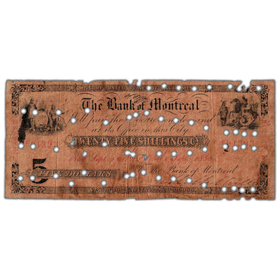 Front view of Bank of Montreal 1858 five dollar banknote, Kingston branch issue, catalog 505-26-34-08C, serial number 91393, historical contemporary counterfeit.