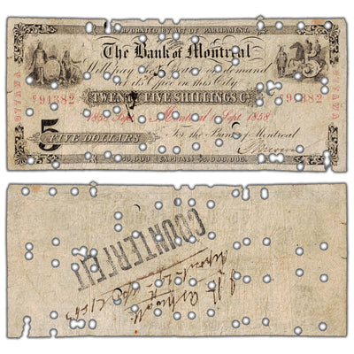 Bank of Montreal 1858 five dollar note, Ottawa branch issue, catalog 505-26-36-08C, serial number 91382, contemporary counterfeit, stacked view showing both front and back sides.