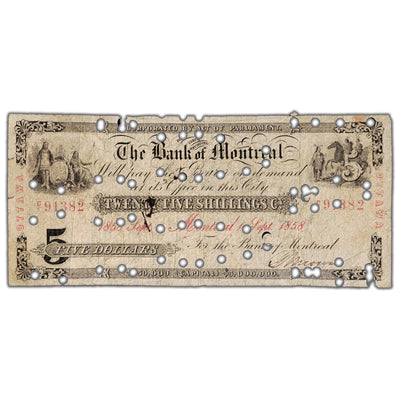 Front view of Bank of Montreal 1858 five dollar banknote, Ottawa branch issue, catalog 505-26-36-08C, serial number 91382, historical contemporary counterfeit.