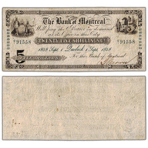 Bank of Montreal 1858 $5 Note "Quebeck" #505-26-36-08C - Contemporary Counterfeit