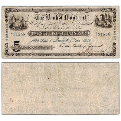 Bank of Montreal 1858 five dollar note, Quebeck error spelling branch issue, catalog 505-26-36-08C, serial number 91558, contemporary counterfeit, stacked view showing both front and back sides.