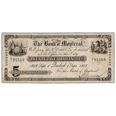Front view of Bank of Montreal 1858 five dollar banknote, Quebeck error spelling branch issue, catalog 505-26-36-08C, serial number 91558, historical contemporary counterfeit.