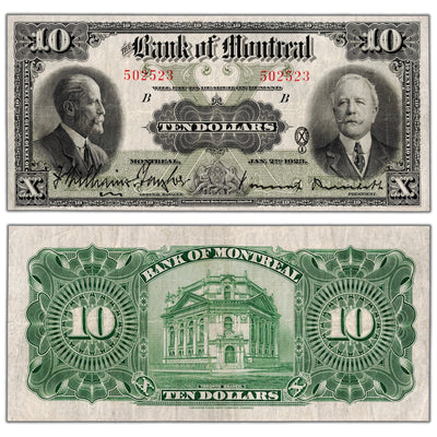 Bank of Montreal 1923 ten dollar chartered note, catalog 505-56-04, serial number 502523, stacked view showing both front and back sides, graded Very Fine to Extra Fine condition.