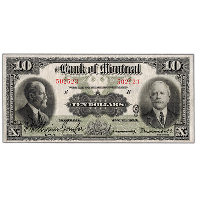 Front view of Bank of Montreal 1923 ten dollar chartered banknote, issue number 505-56-04, serial number 502523, grading VF/EF.