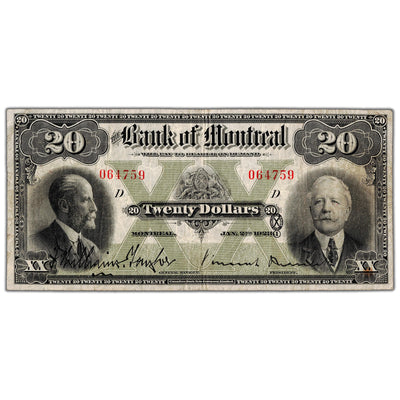 Front view of Bank of Montreal 1923 twenty dollar chartered banknote, issue number 505-56-06, serial number 064759, grading F/VF with a visible tear and rust.
