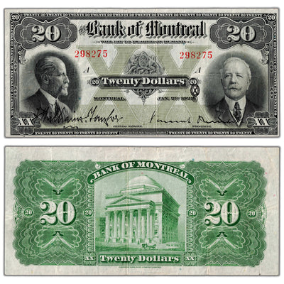 Bank of Montreal 1923 twenty dollar chartered note, catalog 505-56-06, serial number 298275, stacked view showing both front and back sides, graded Very Fine Plus condition.
