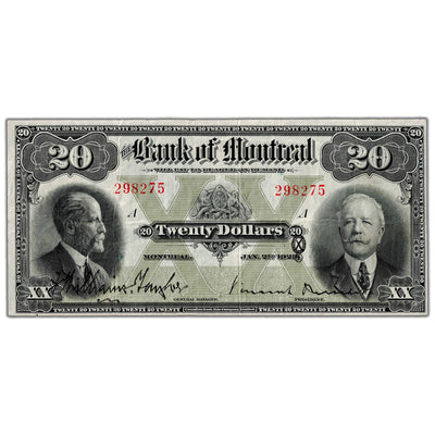 Front view of Bank of Montreal 1923 twenty dollar chartered banknote, issue number 505-56-06, serial number 298275, grading VF+